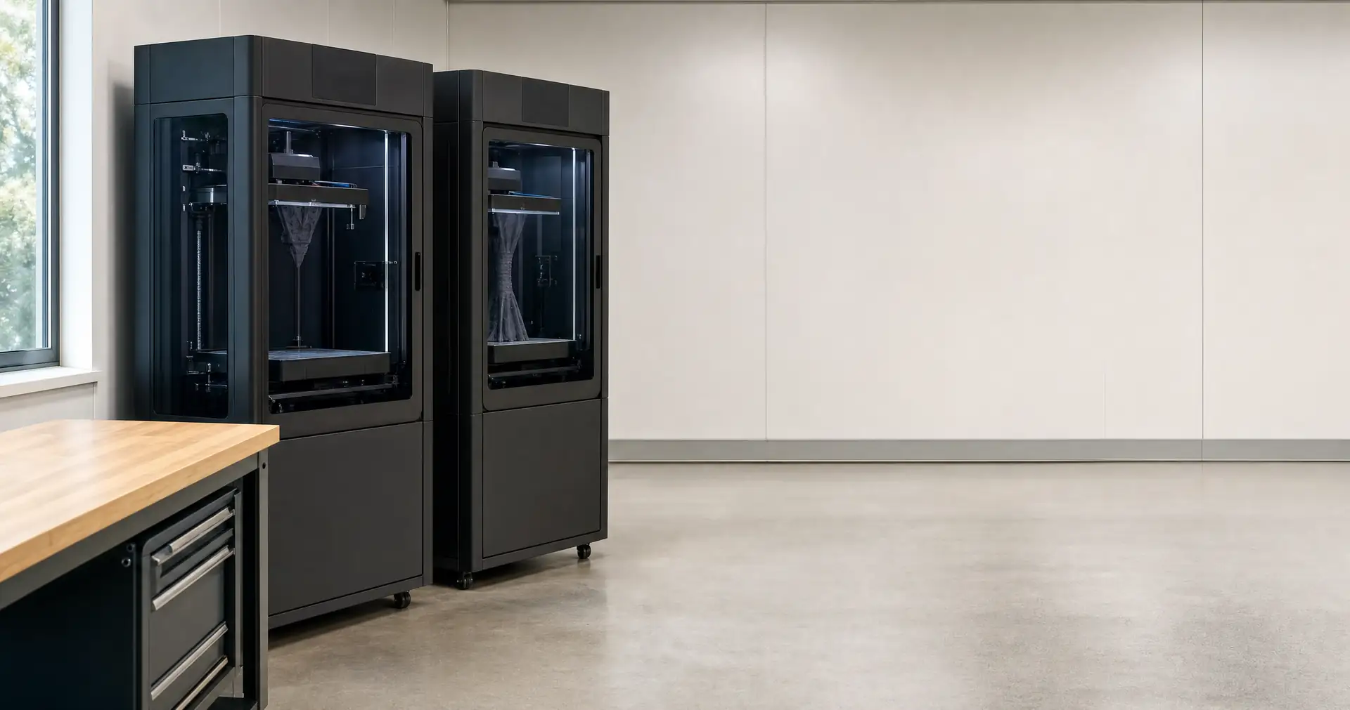 Two industrial additive manufacturing printers with their build plates visible