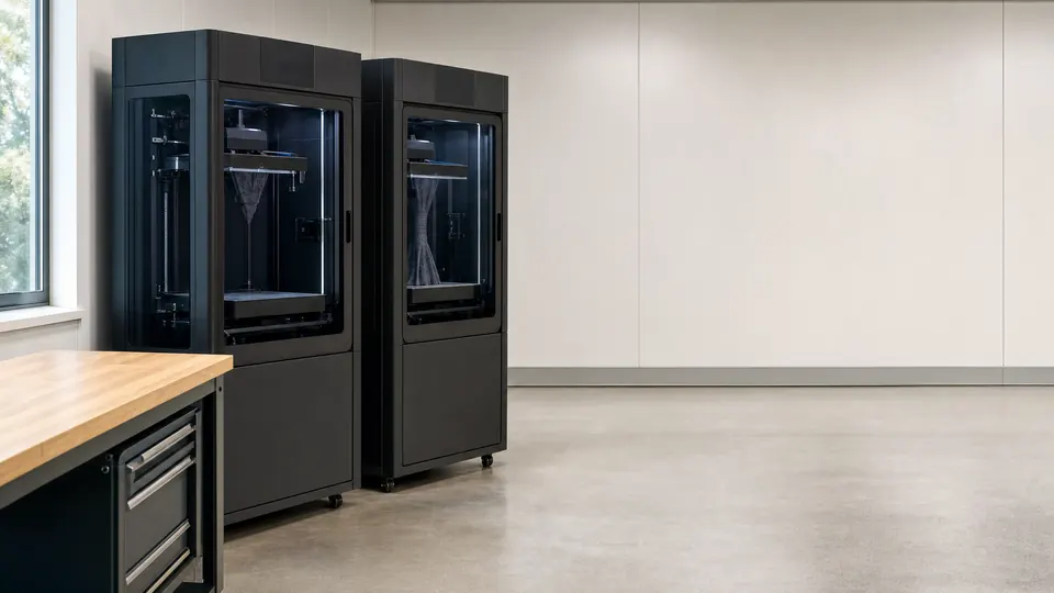 Two industrial additive manufacturing printers with their build plates visible