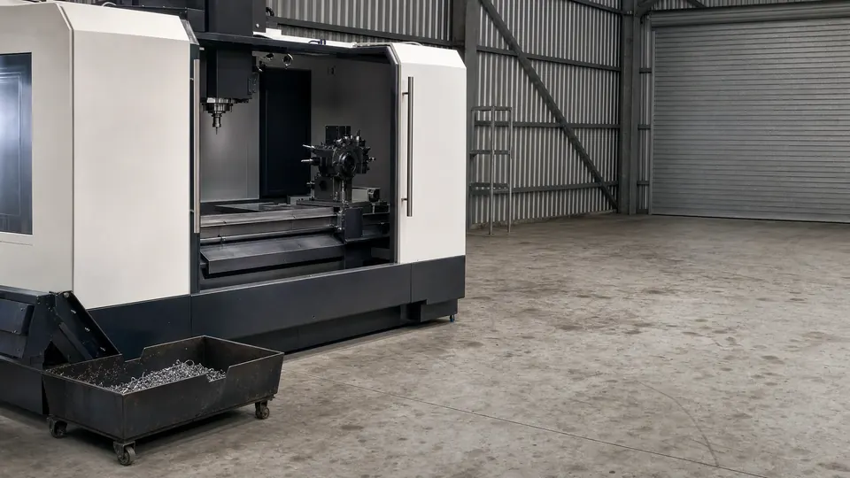 An enclosed CNC machining centre with its guard door open on a workshop floor