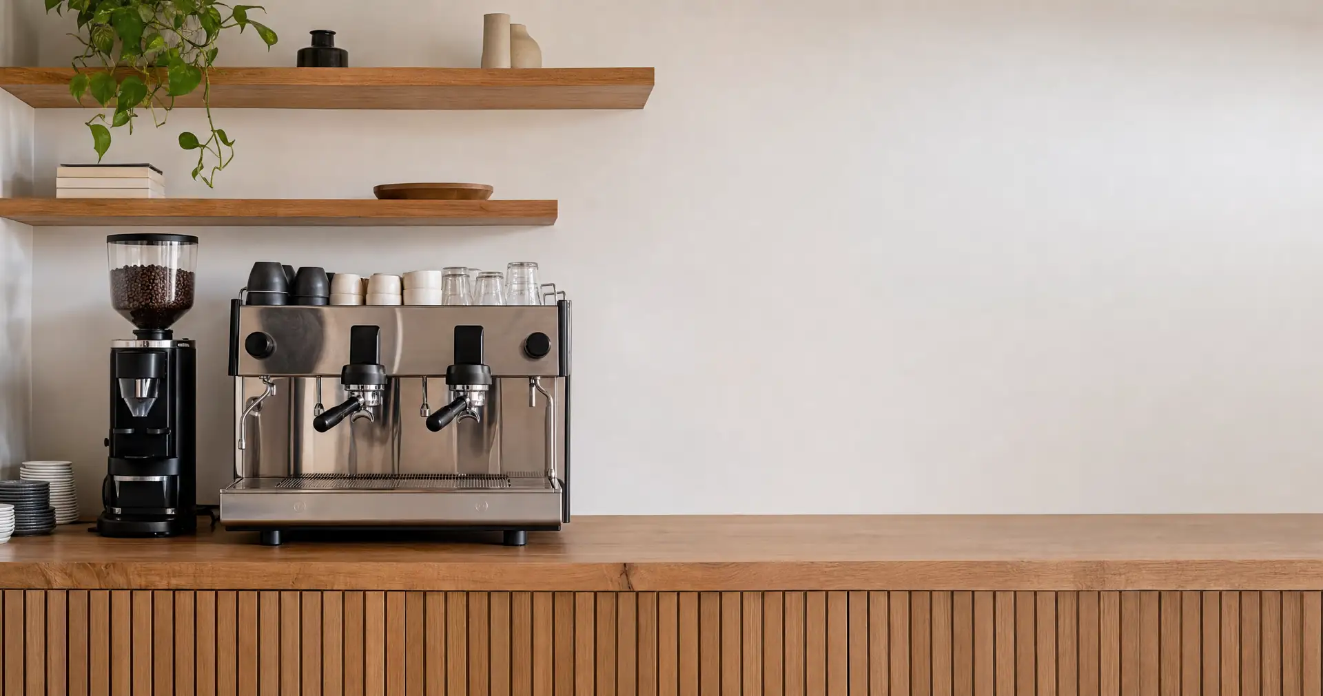 A two-group espresso machine and grinder on a cafe counter before opening