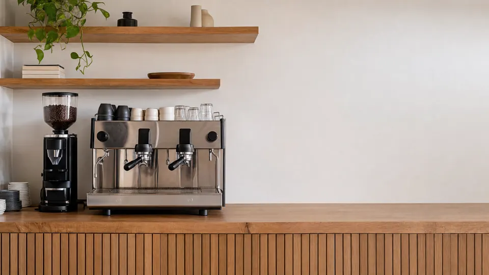 A two-group espresso machine and grinder on a cafe counter before opening