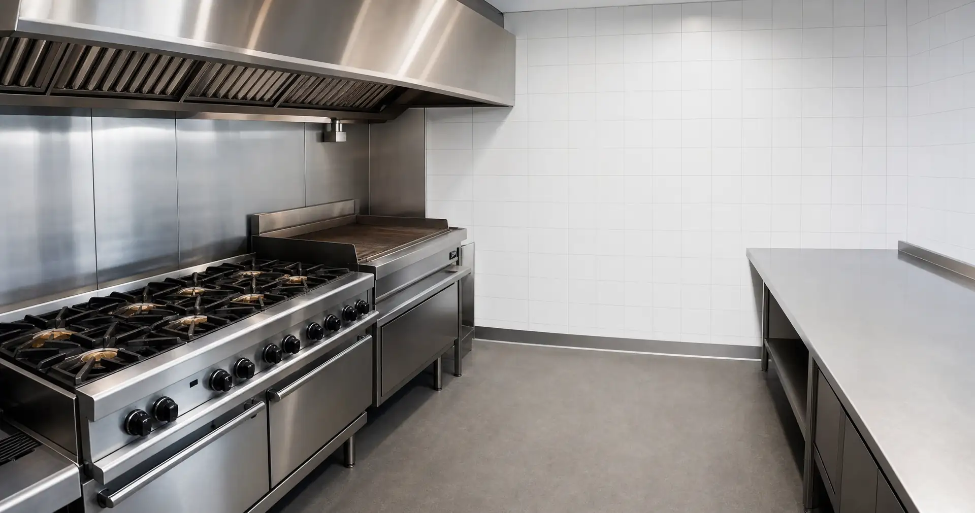 A stainless steel commercial kitchen line with a range and extraction canopy before service