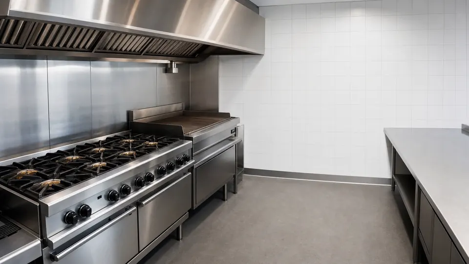 A stainless steel commercial kitchen line with a range and extraction canopy before service