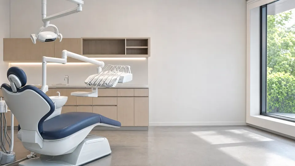 A dental treatment chair with its overhead light folded back in an empty surgery