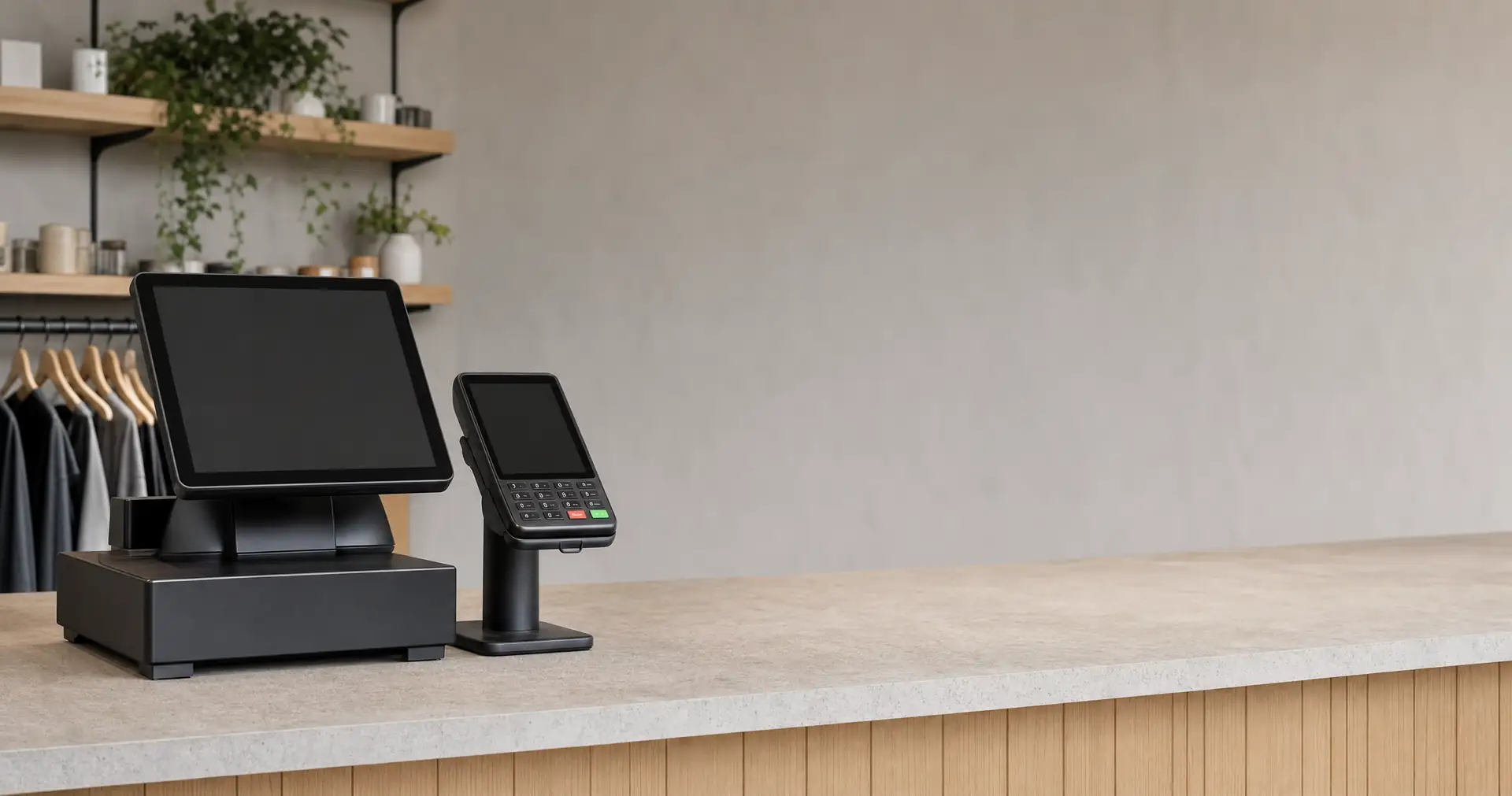 A countertop point-of-sale terminal and card reader on a shop counter before opening