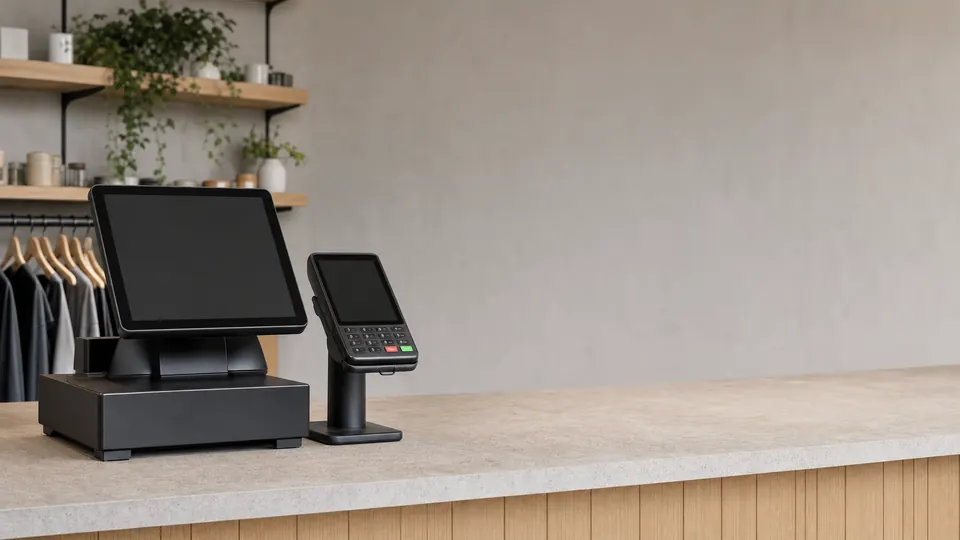 A countertop point-of-sale terminal and card reader on a shop counter before opening