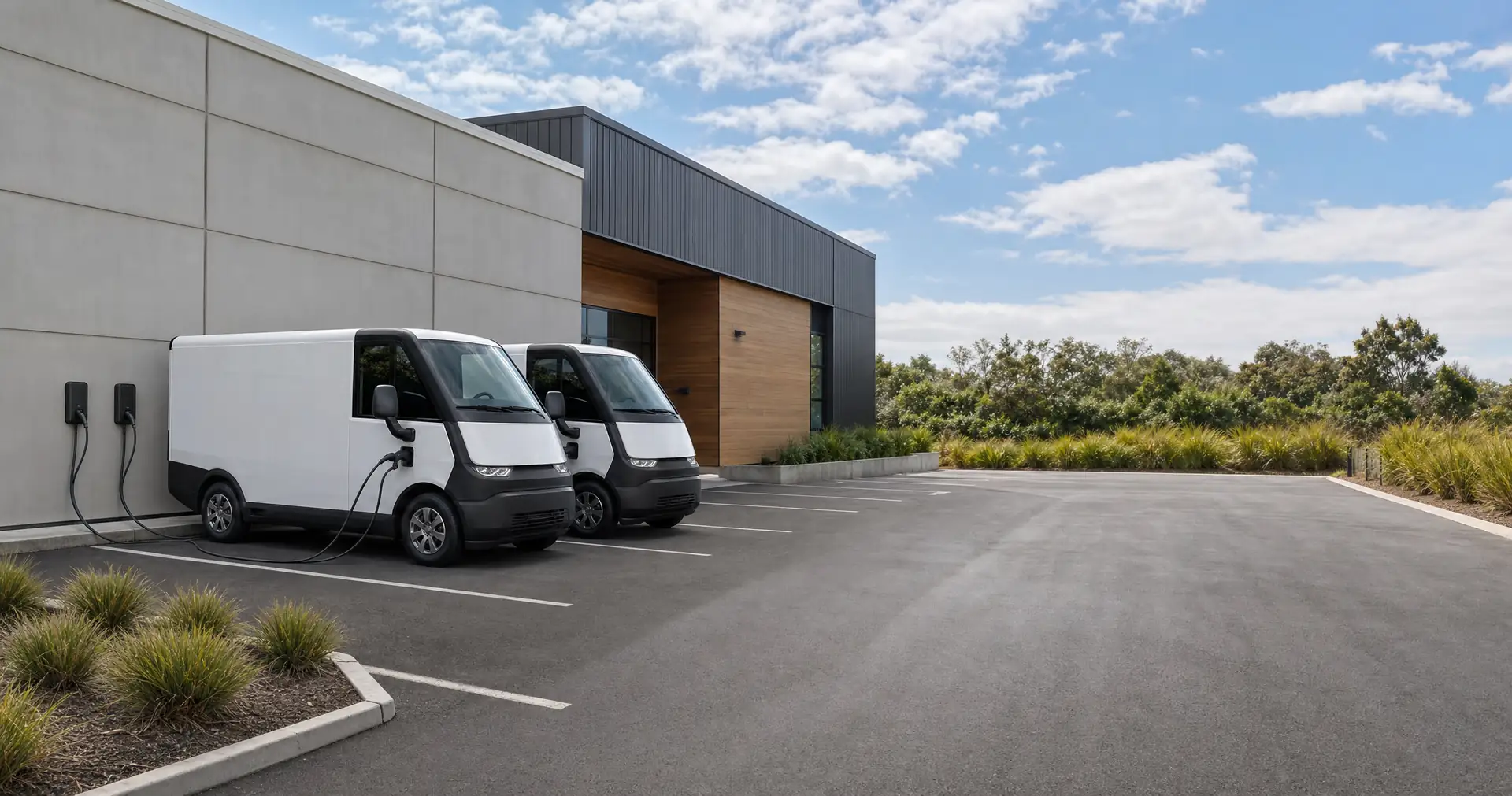 Two small electric delivery vans plugged into wall-mounted chargers in a carpark