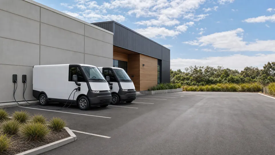 Two small electric delivery vans plugged into wall-mounted chargers in a carpark