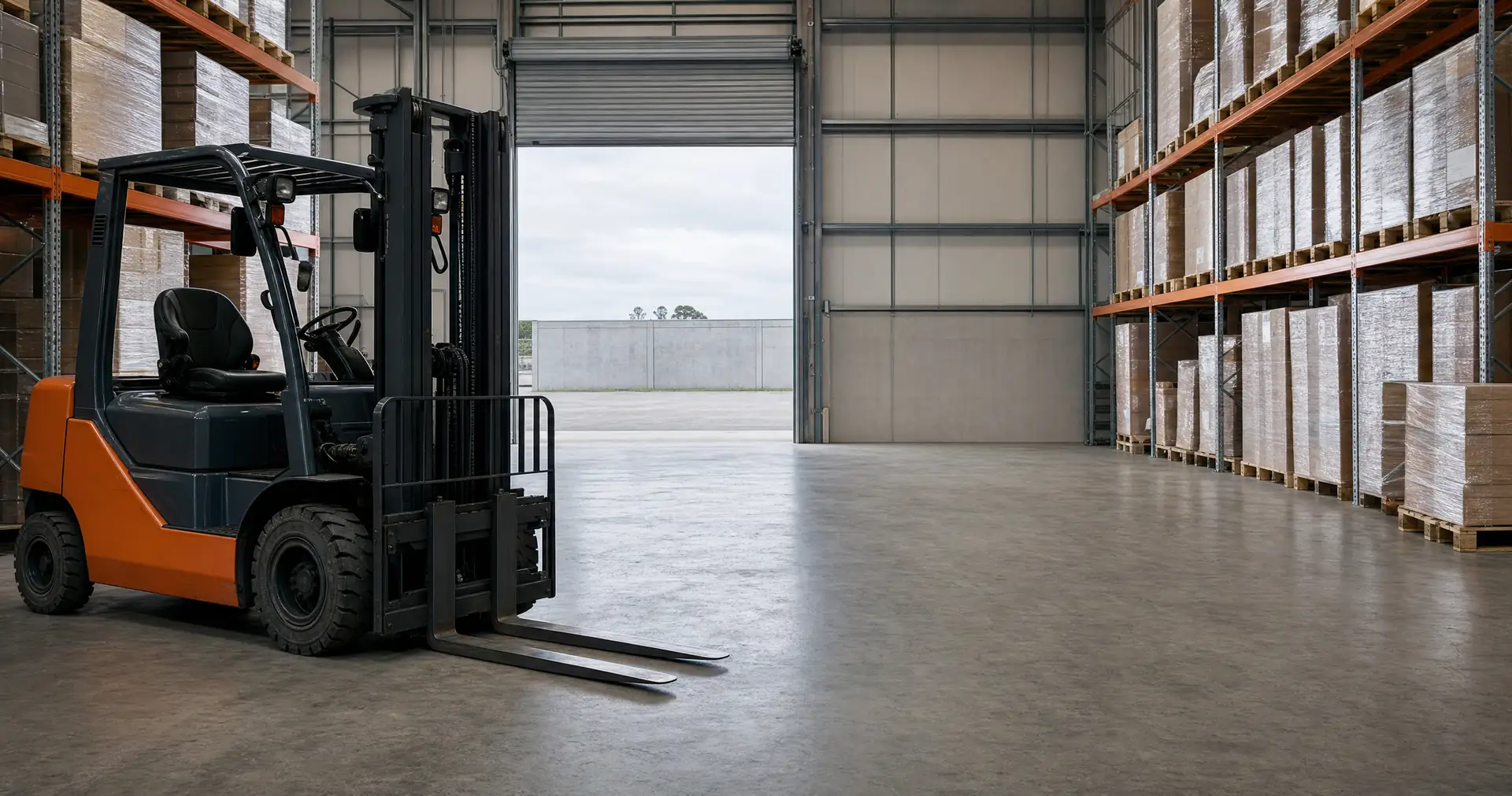 A counterbalance forklift parked on a warehouse floor beside loaded pallet racking