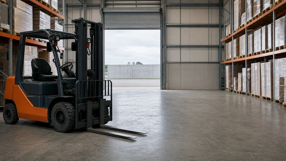A counterbalance forklift parked on a warehouse floor beside loaded pallet racking