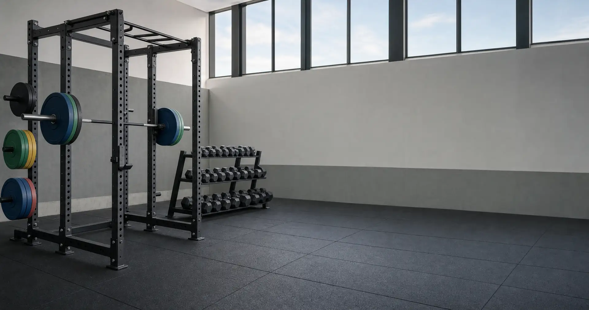 A loaded squat rack and a rack of dumbbells on the rubber matting of an empty gym floor