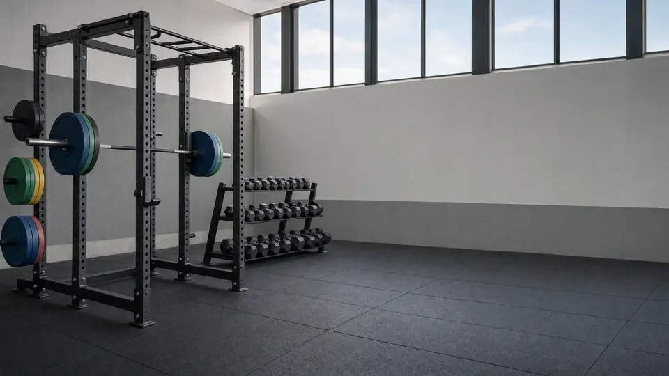 A loaded squat rack and a rack of dumbbells on the rubber matting of an empty gym floor