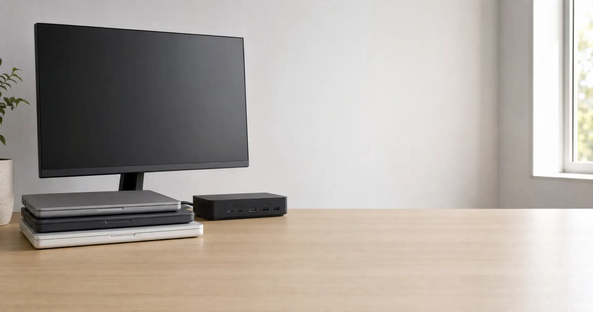 Stacked laptops beside an external monitor and a docking station on an office desk