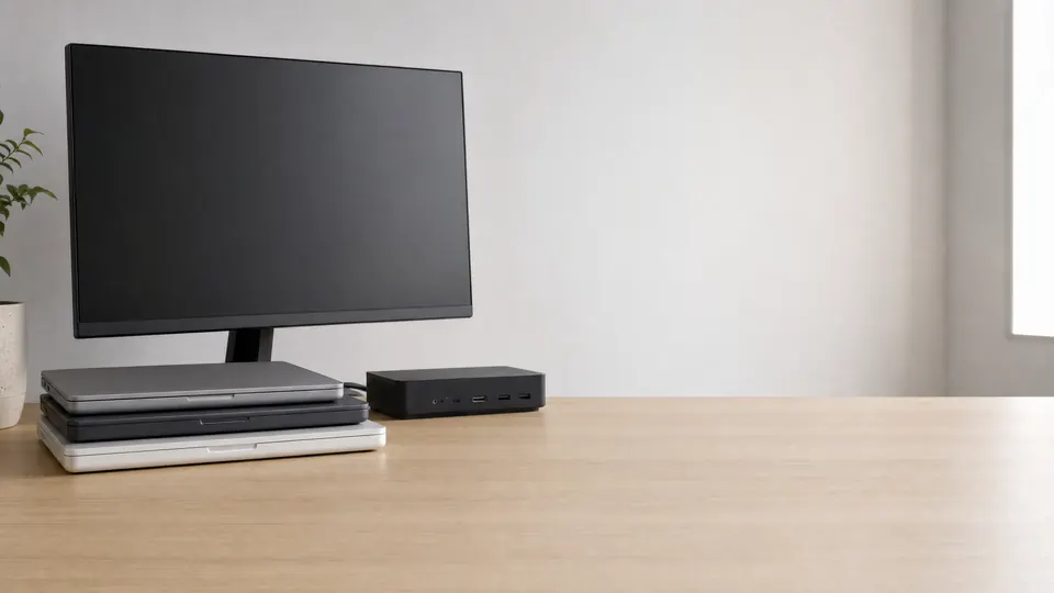 Stacked laptops beside an external monitor and a docking station on an office desk