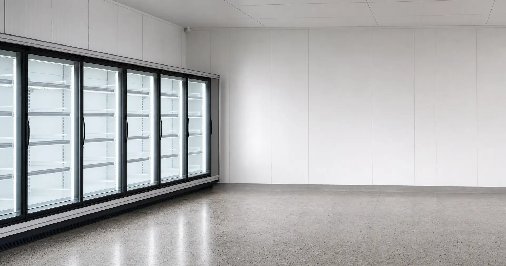 A run of empty glass-door commercial chiller cabinets along a cool store wall