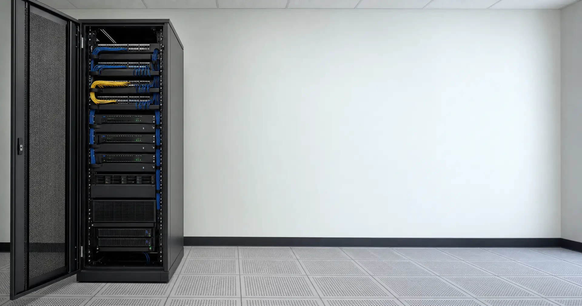 An open server rack with neatly dressed patch cabling in a small equipment room