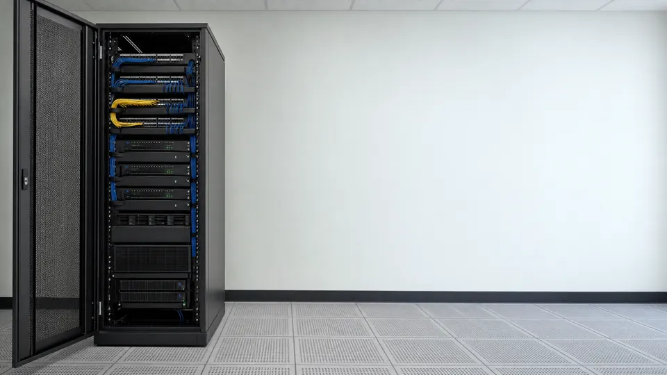 An open server rack with neatly dressed patch cabling in a small equipment room