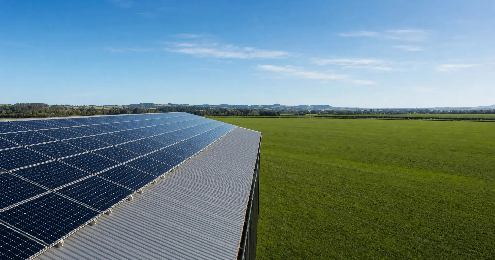 An array of solar panels mounted across the roof of a commercial shed