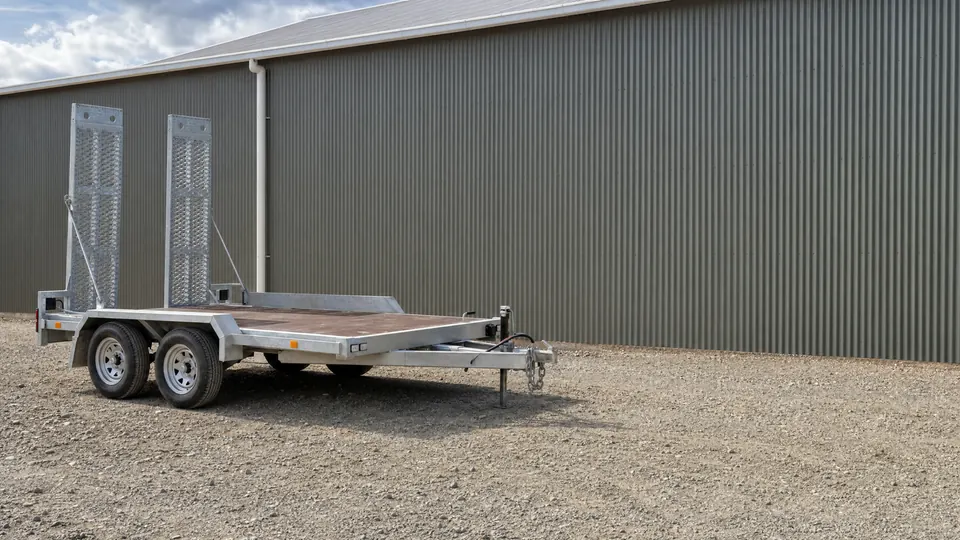 A tandem-axle flat-deck plant trailer parked on the gravel of a contractor yard