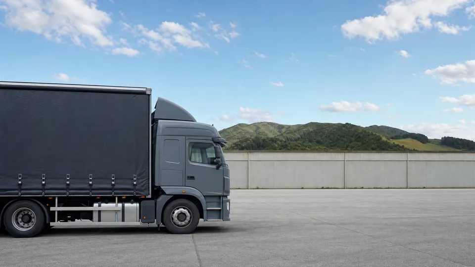 A curtainsider delivery truck parked side-on in a sealed freight yard