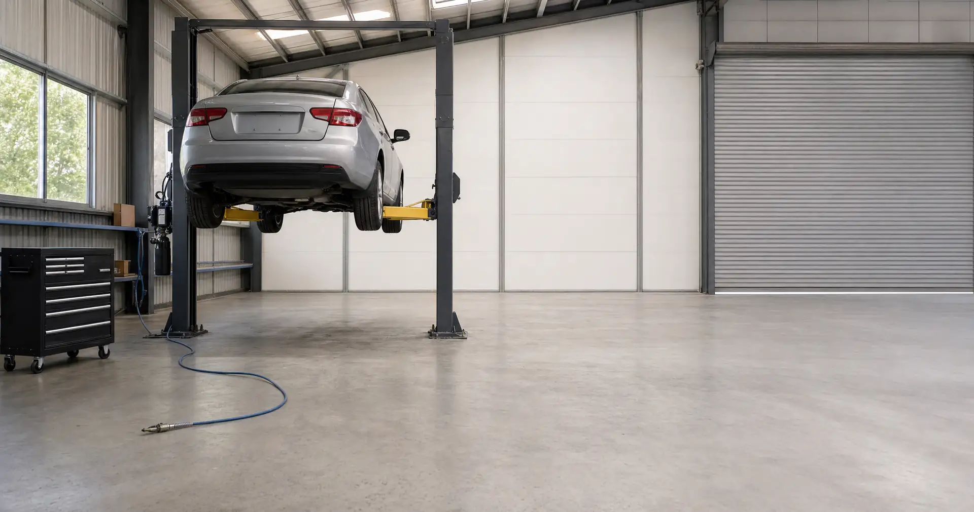 A car raised on a two-post hoist in a clean mechanical workshop