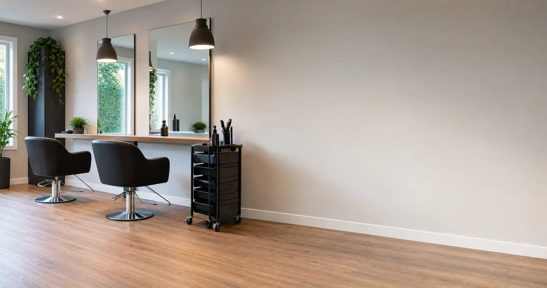 Two styling chairs facing a mirrored wall with a trolley of tools between them