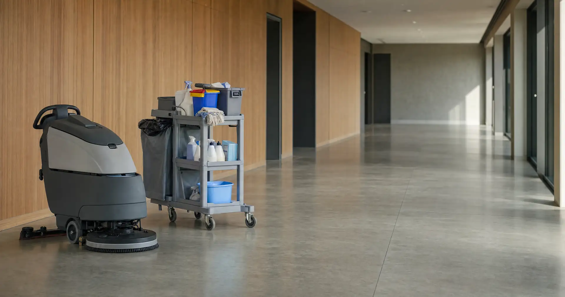 A commercial floor scrubber and a stacked supplies trolley in an empty building corridor
