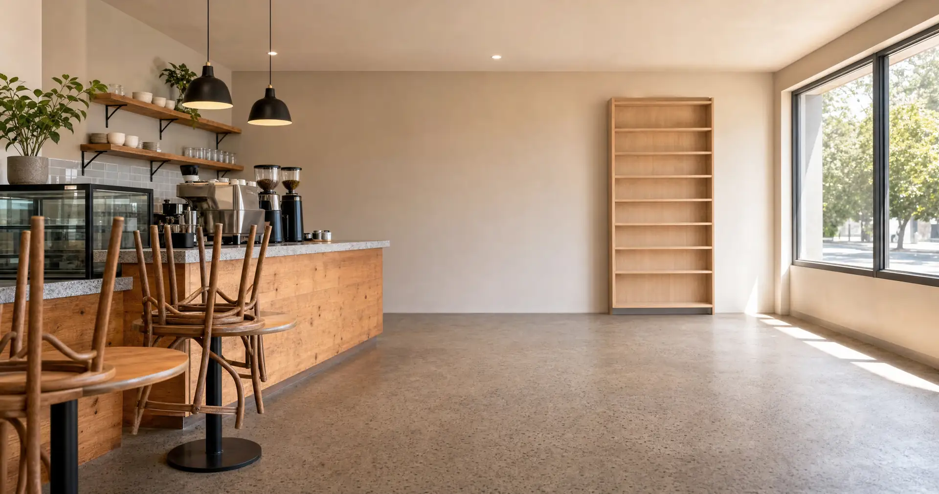 The interior of a small cafe before opening, with chairs still up on the tables