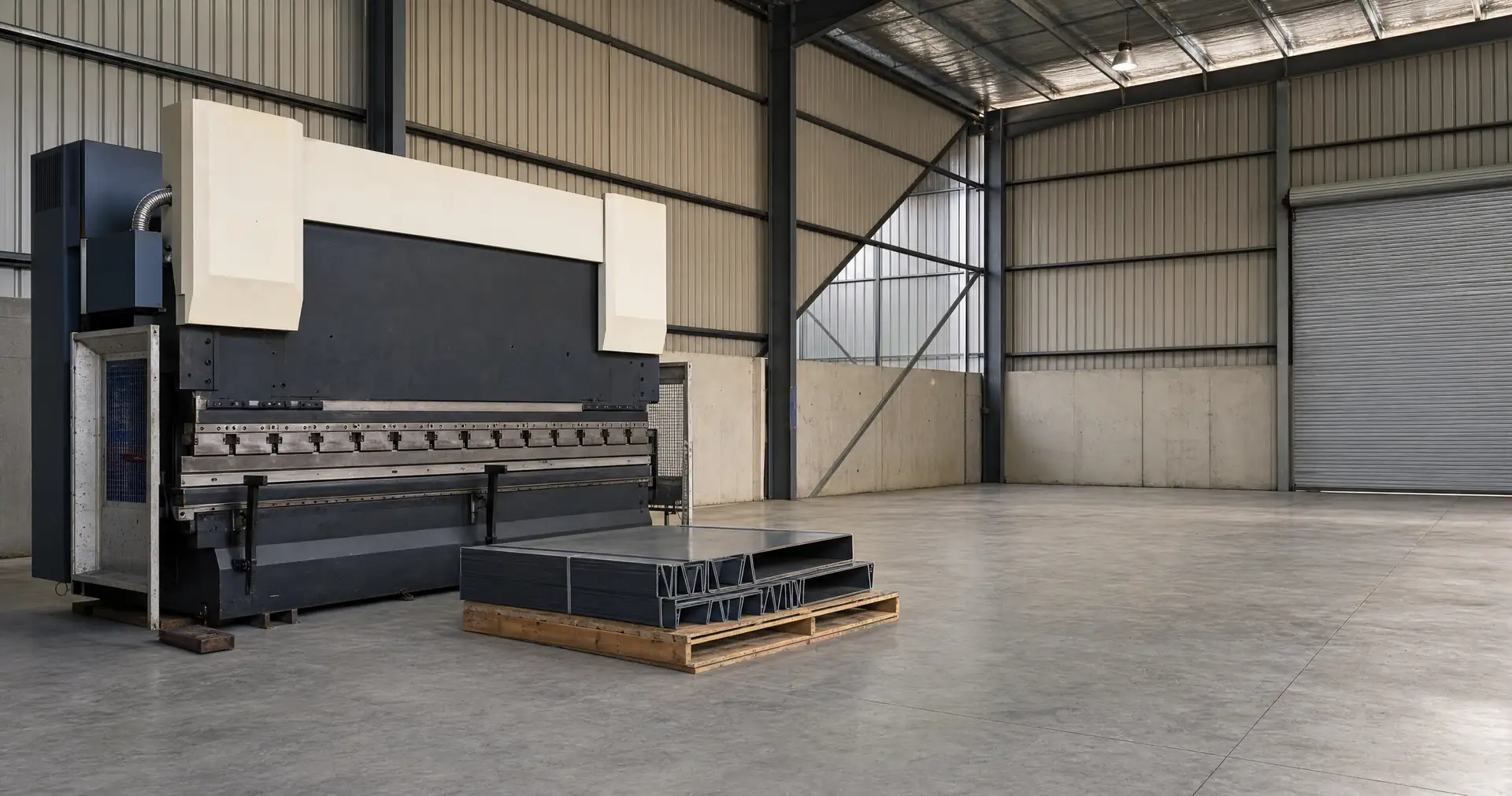 A press brake and a pallet of folded steel sheet on the floor of a factory unit