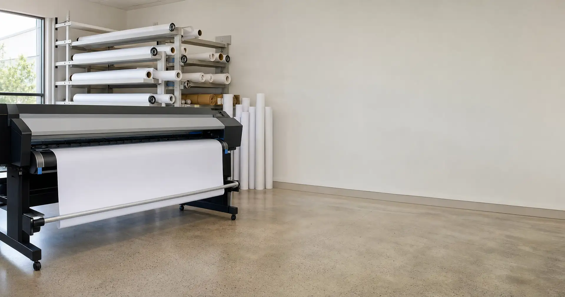A wide-format roll printer loaded with blank media in a print workshop