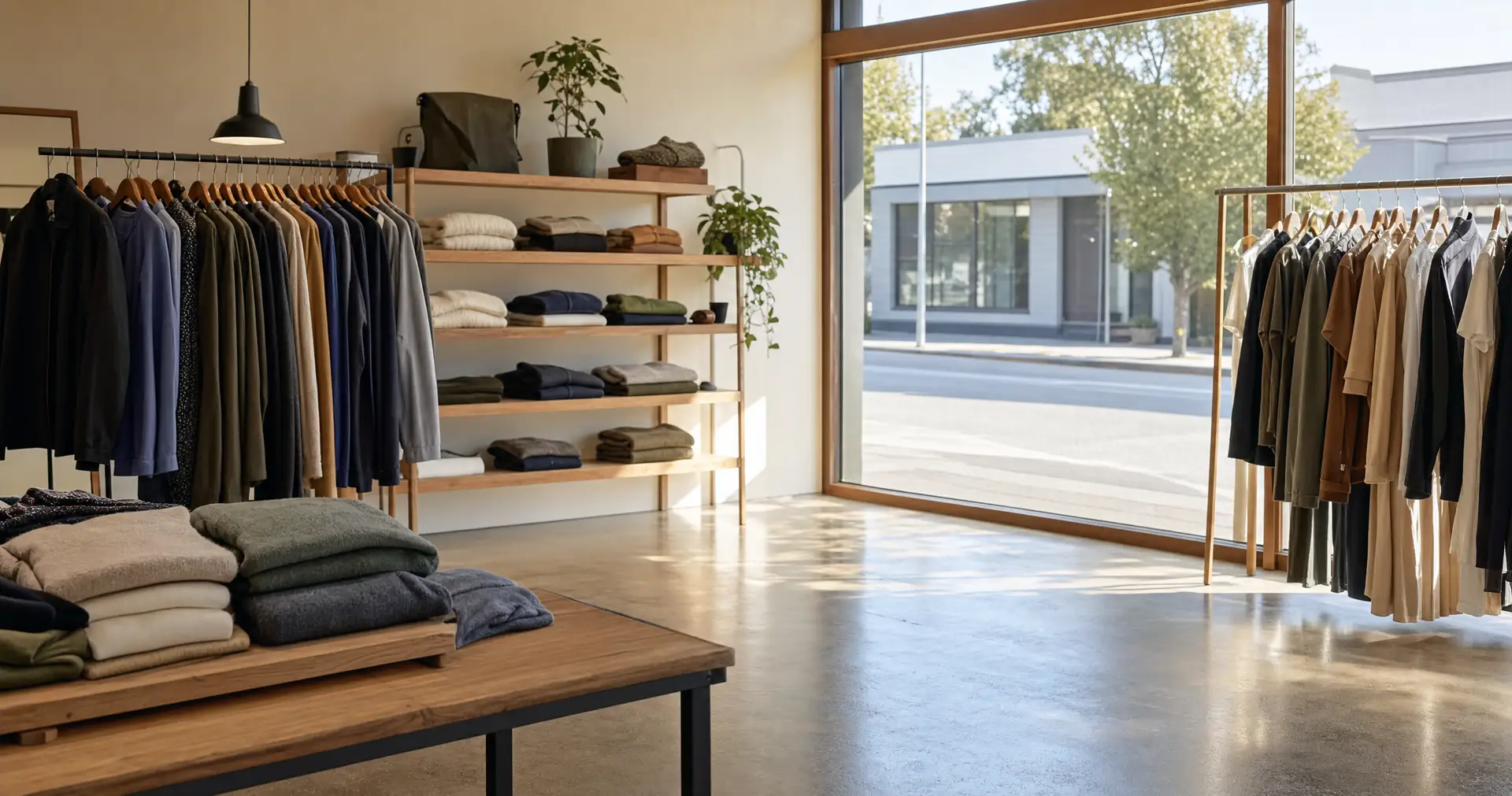 The interior of a small clothing shop before opening, with timber rails and folded stock