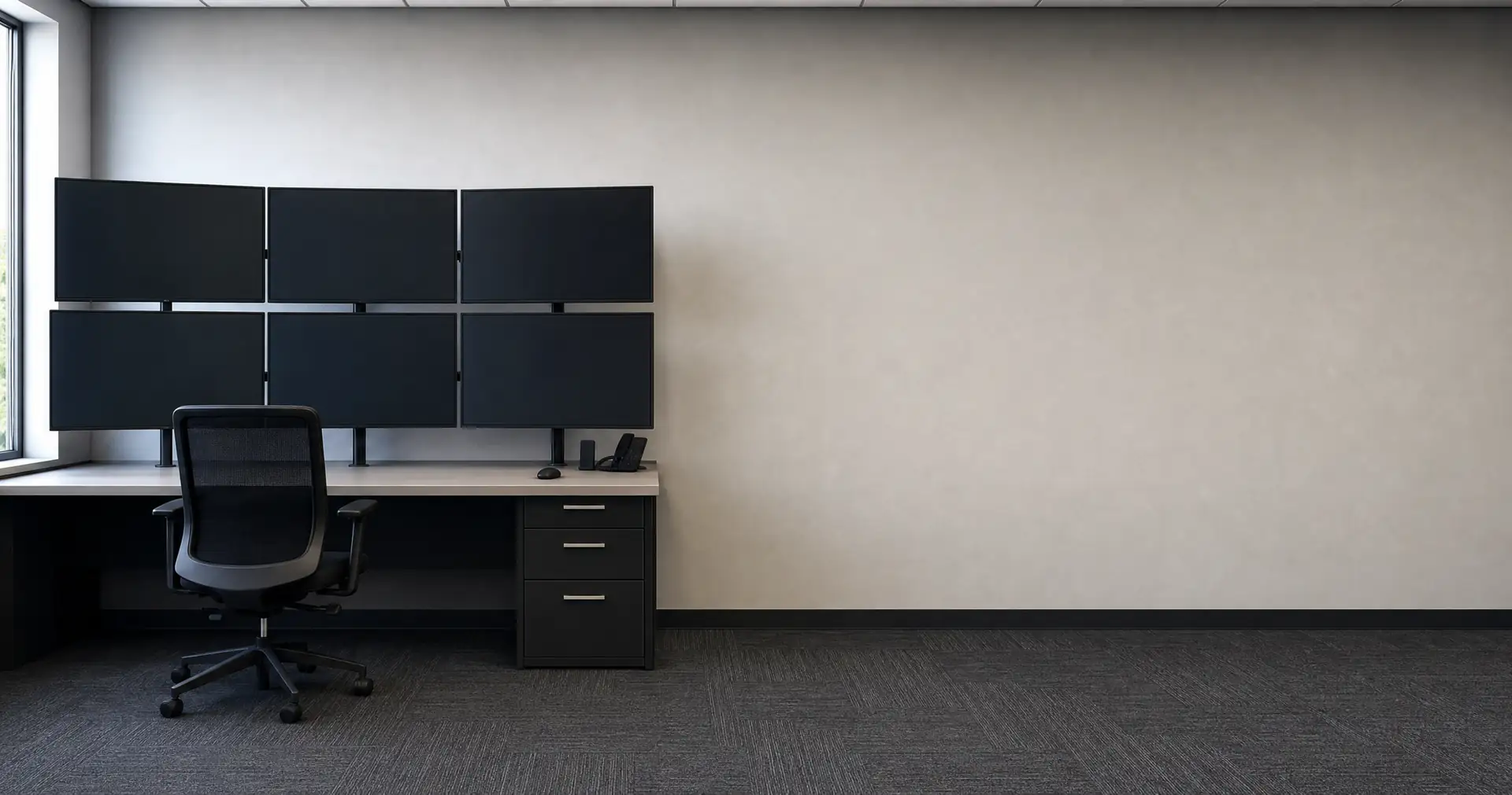 A bank of monitoring screens mounted above a desk in a small operations room