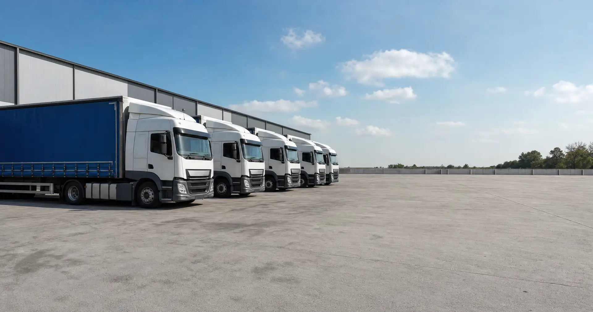 A line of curtainsider trucks parked nose-in on the sealed yard of a freight depot