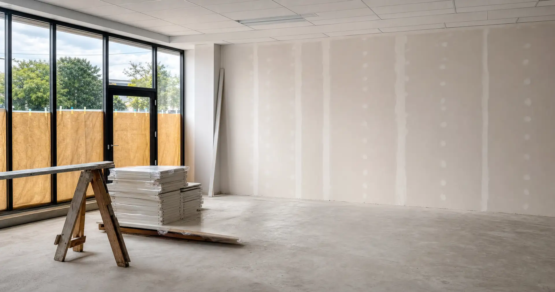 A retail interior part way through fitout, with new wall linings and flat-packed shelving