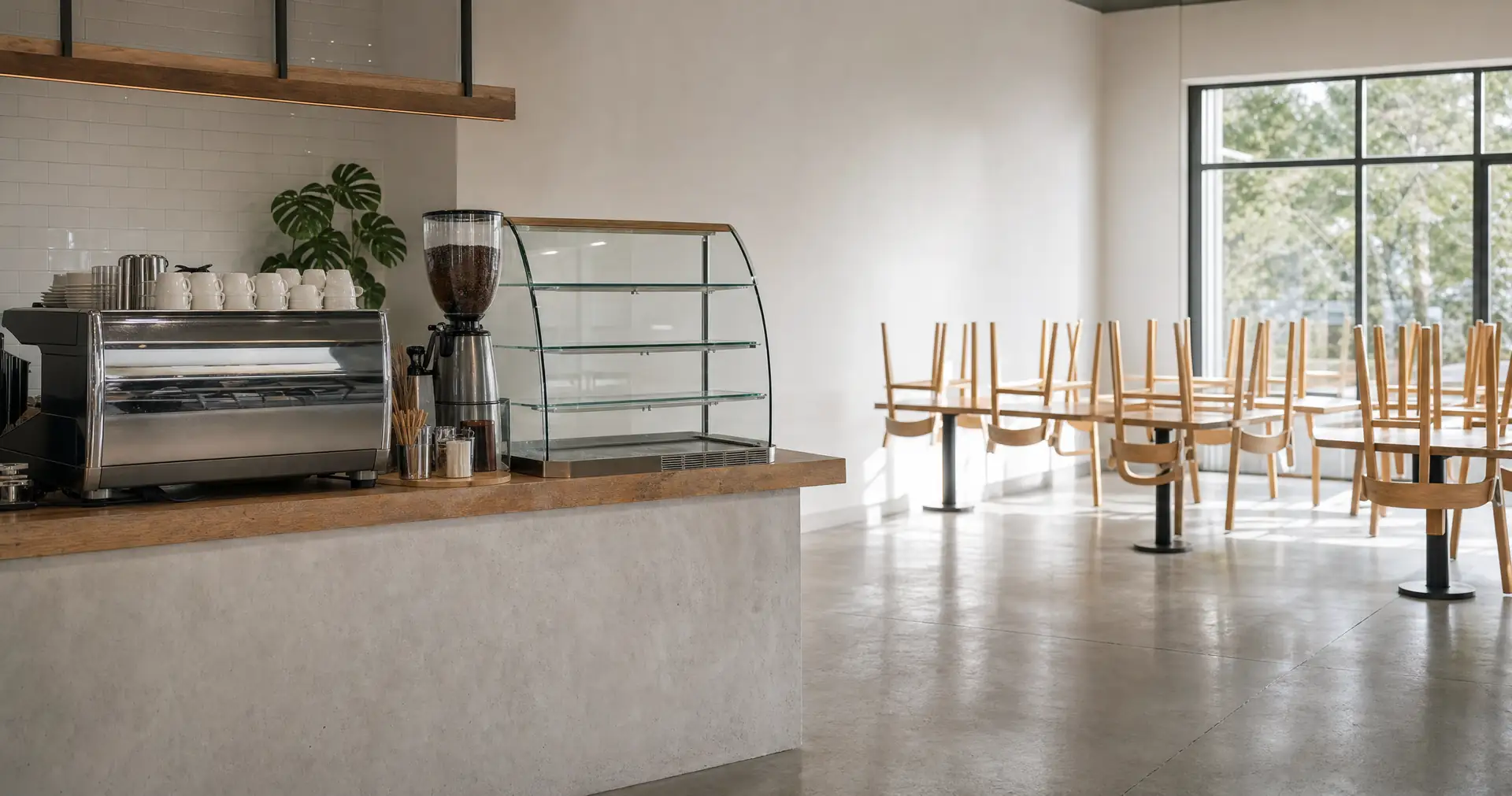 A cafe counter with an espresso machine and an empty food cabinet before opening
