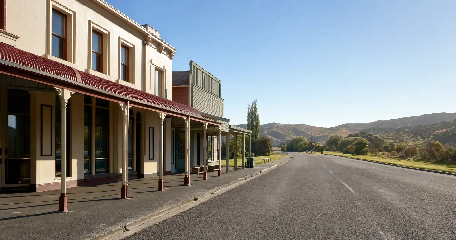 A row of low shopfronts under a corrugated iron verandah on a quiet main street