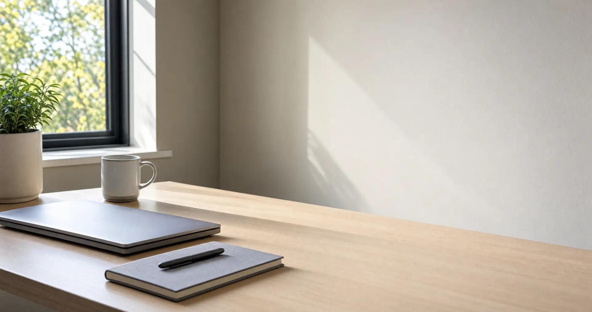 A closed laptop, a notebook and a mug on the timber desk of a small office