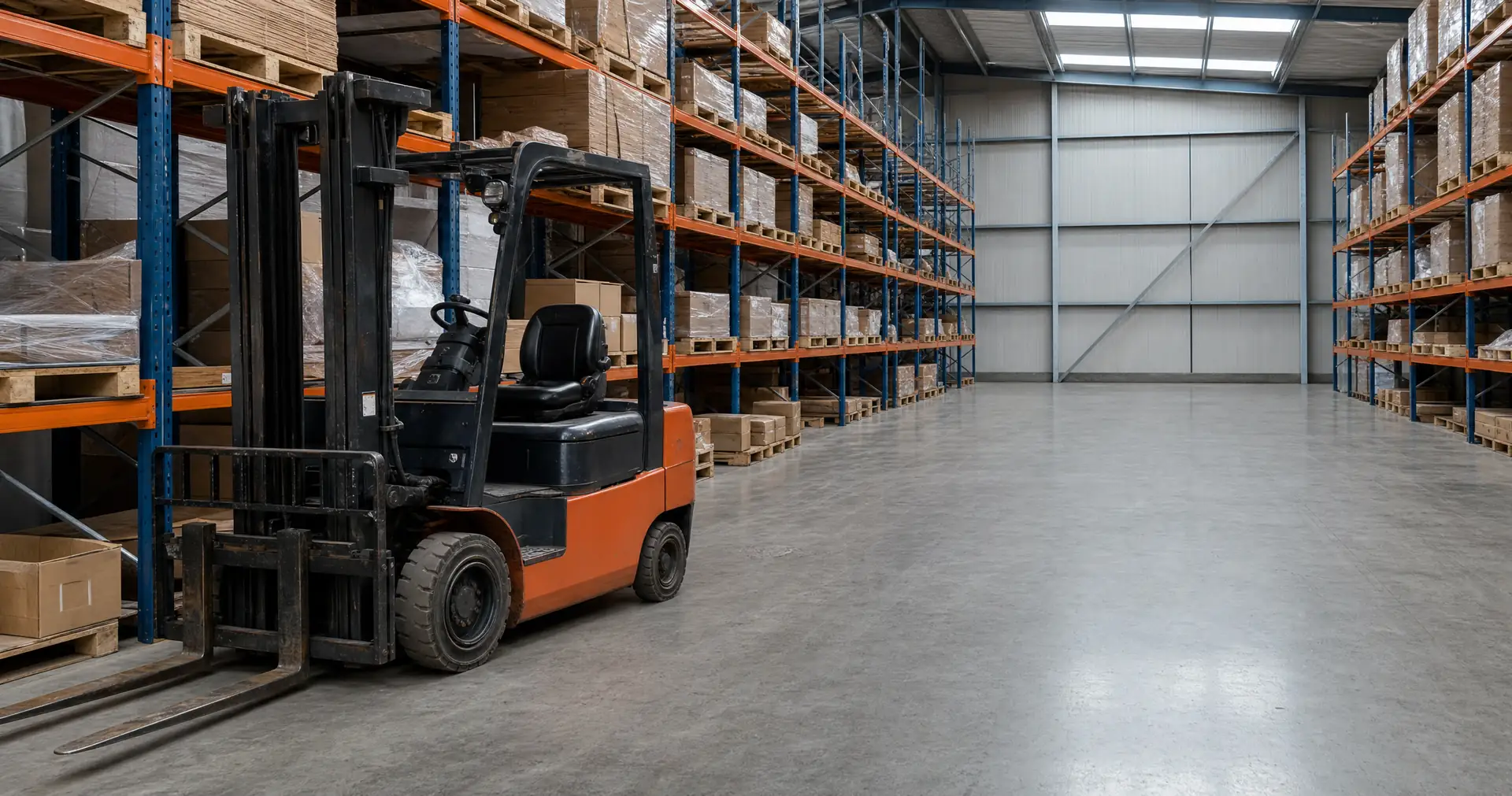 A forklift parked at the end of a run of pallet racking in a small warehouse