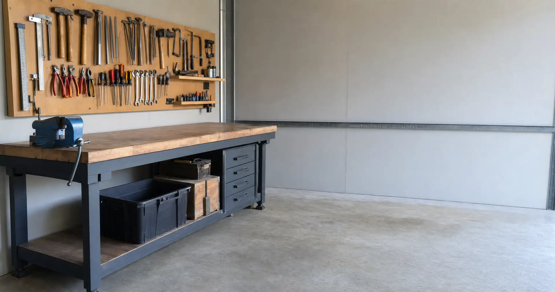A tidy engineering bench with hand tools racked on the wall above it