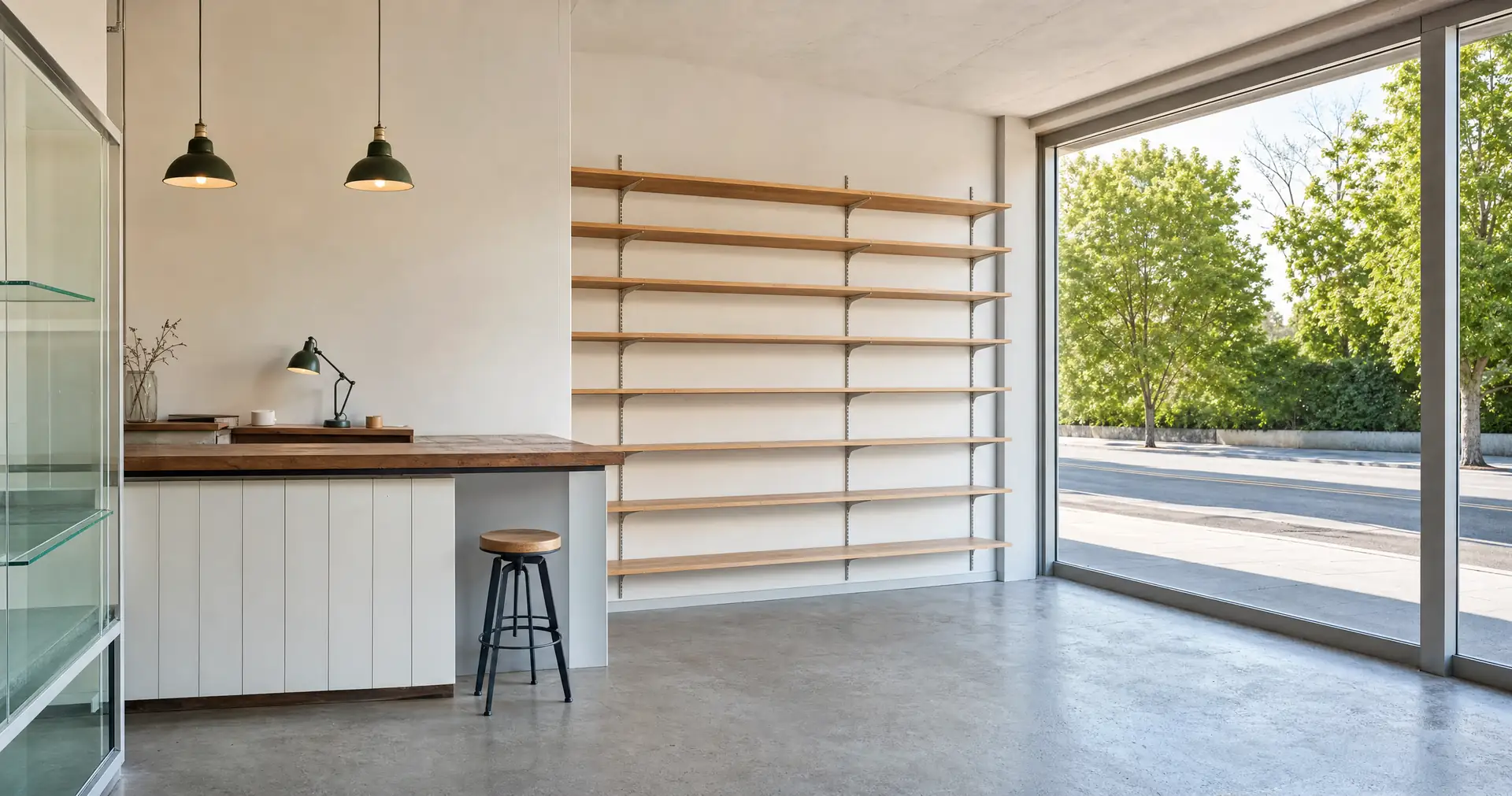 A small shop counter and empty display shelving lit by a wide shopfront window