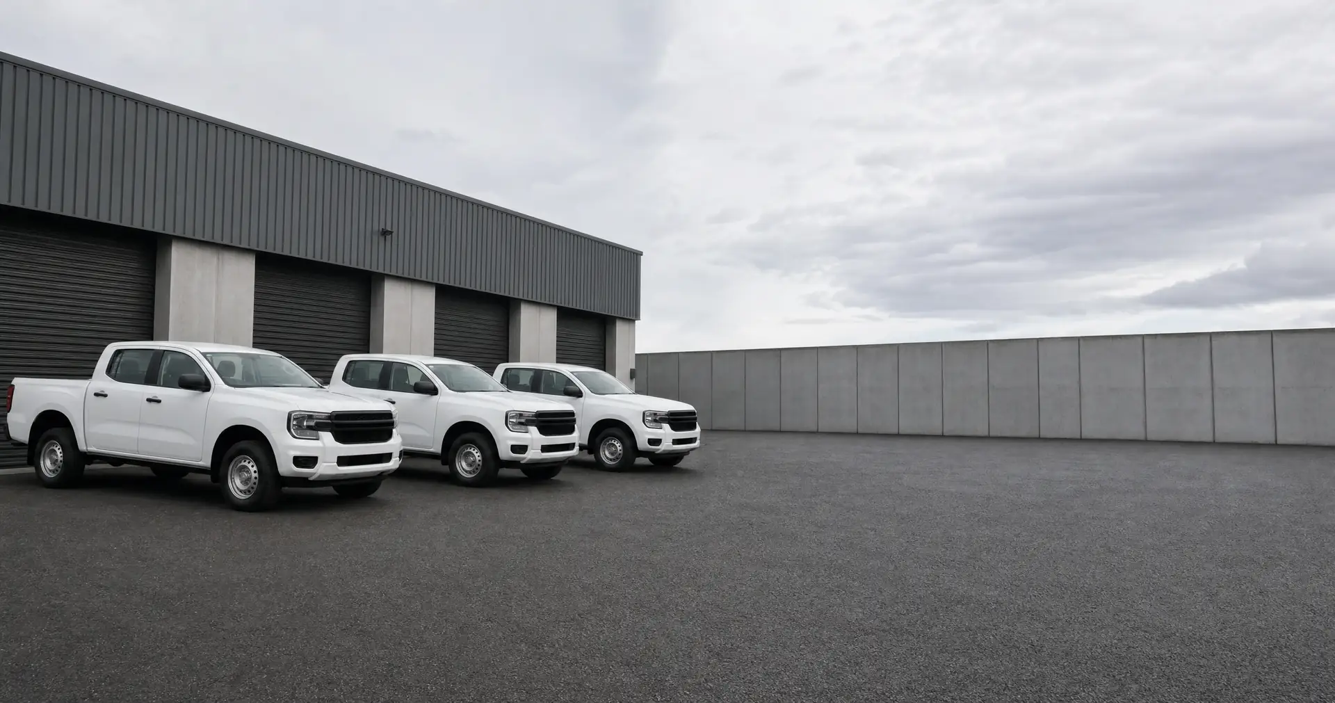 Three identical white double-cab utes parked in a row on a trade depot forecourt