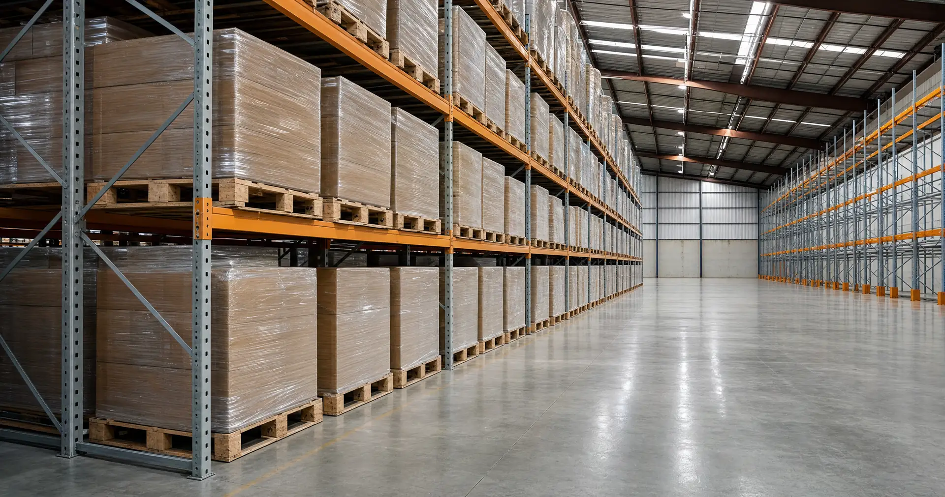 Tall pallet racking loaded with shrink-wrapped stock running down a warehouse aisle