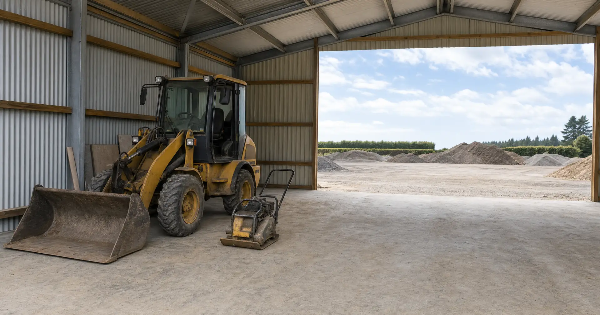 A compact wheel loader and plate compactor parked inside an open-fronted plant shed